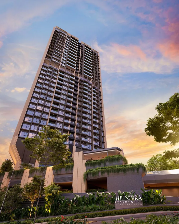The Serra Residences 28-storey freehold tower in Novena at sunset, seen from the landscaped podium