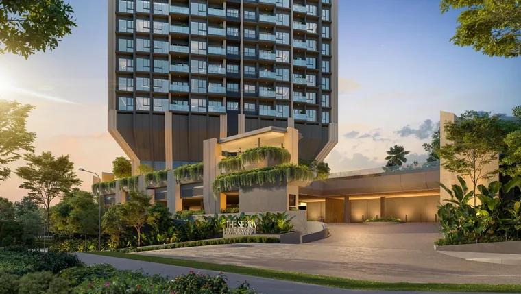 The Serra Residences arrival entrance and landscaped frontage on Bassein Road, Novena, at dusk