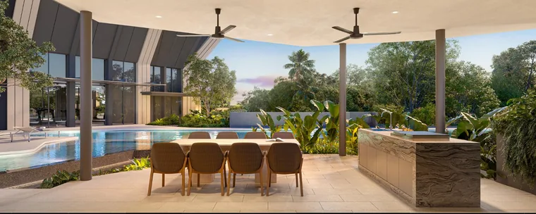 The Serra Residences BBQ pavilion with dining table and poolside views on the level 3 deck