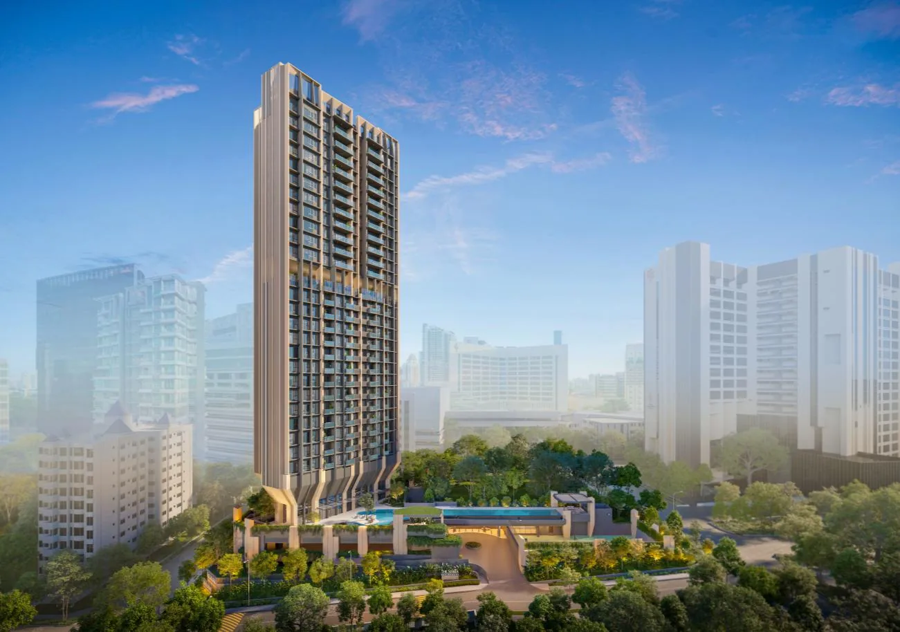 The Serra Residences design concept: the tower, lap pool and green podium in the Novena skyline