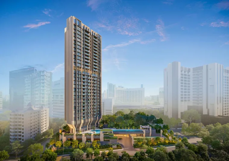 The Serra Residences design concept: the tower, lap pool and green podium in the Novena skyline