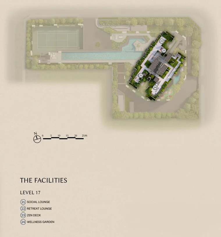 The Serra Residences level 17 Sky Terrace plan: social lounge, retreat lounge, zen deck and wellness garden