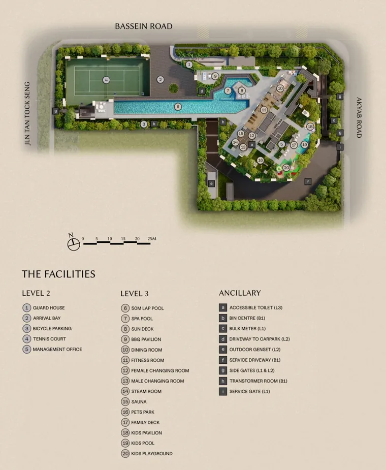 The Serra Residences facilities plan for levels 2 and 3: tennis court, 50m lap pool, clubhouse and children’s areas