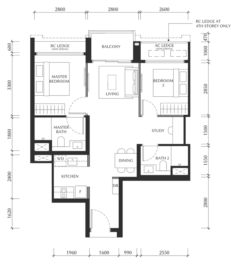The Serra Residences Type B1 floor plan, 2-Bedroom + Study, District 11 (draft)