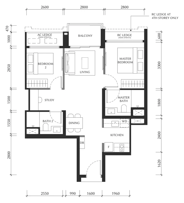 The Serra Residences Type B1a floor plan, 2-Bedroom + Study, District 11 (draft)