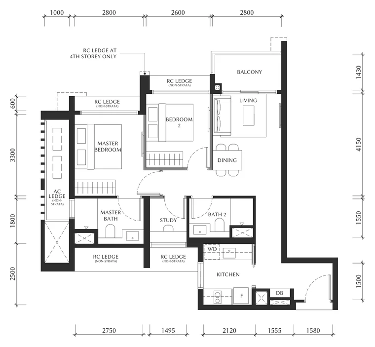 The Serra Residences Type B2 floor plan, 2-Bedroom + Study, District 11 (draft)