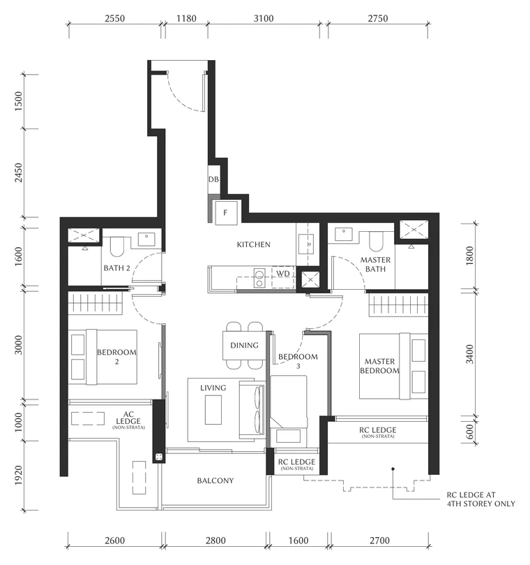 The Serra Residences Type C1 floor plan, 3-Bedroom, District 11 (draft)