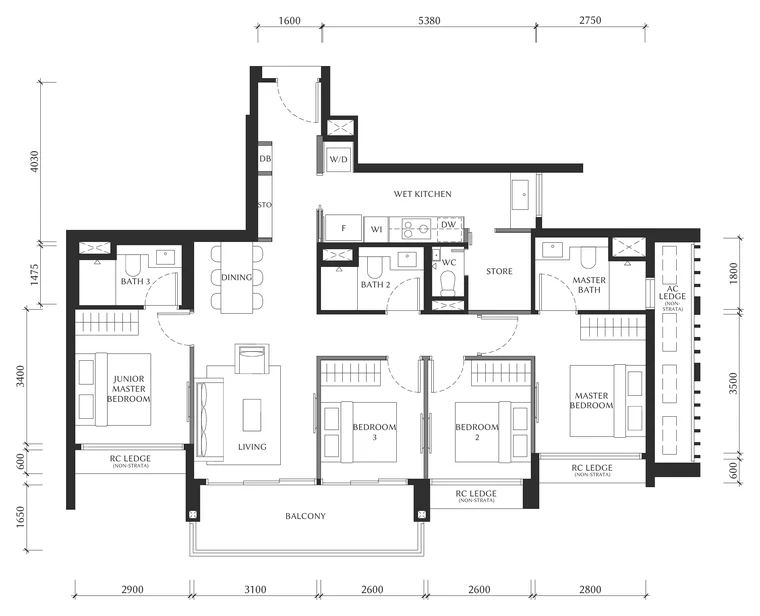 The Serra Residences Type D2 floor plan, 4-Bedroom, District 11 (draft)