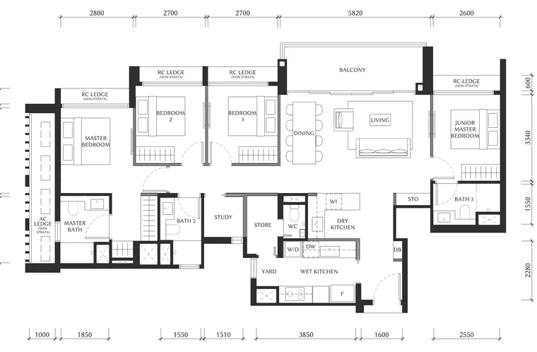 The Serra Residences Type D3 floor plan, 4-Bedroom + Study, District 11 (draft)