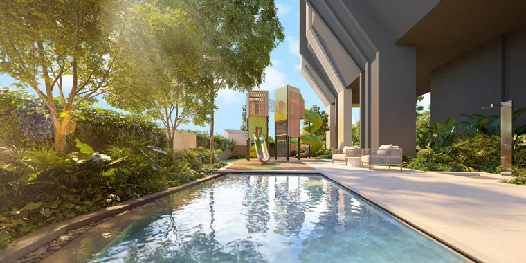 The Serra Residences kids’ pool and playground among landscaped gardens