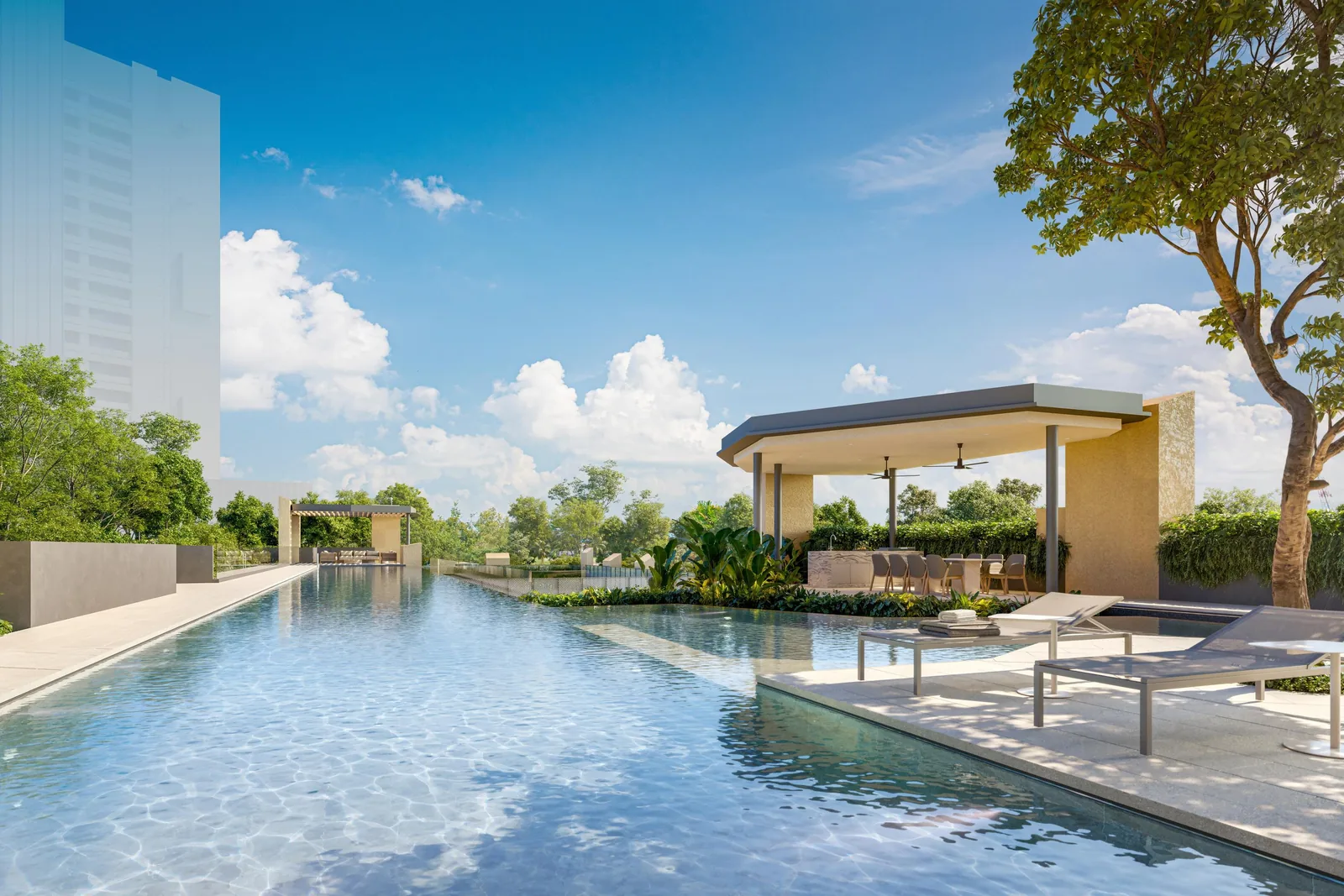 The Serra Residences lap pool with sun loungers and the poolside pavilion on level 3