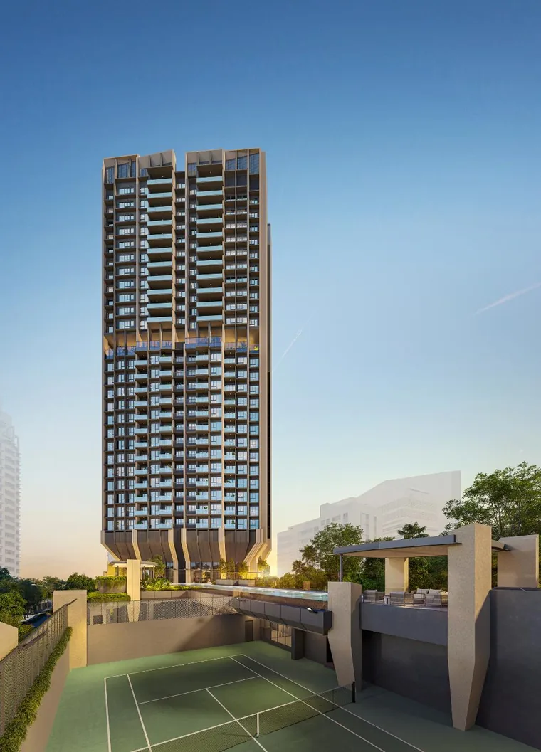The Serra Residences full-size tennis court on level 2 with the residential tower above