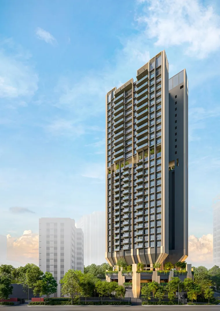 The Serra Residences tower exterior with its sculpted base and landscaped podium