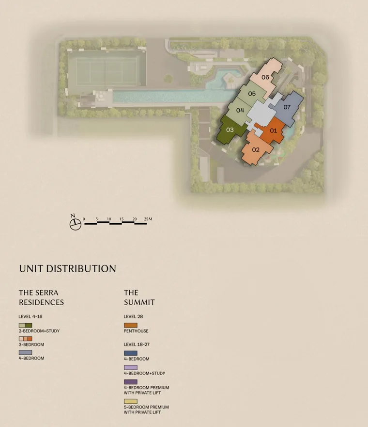 The Serra Residences unit stack plan for levels 4 to 16, stacks 01 to 07